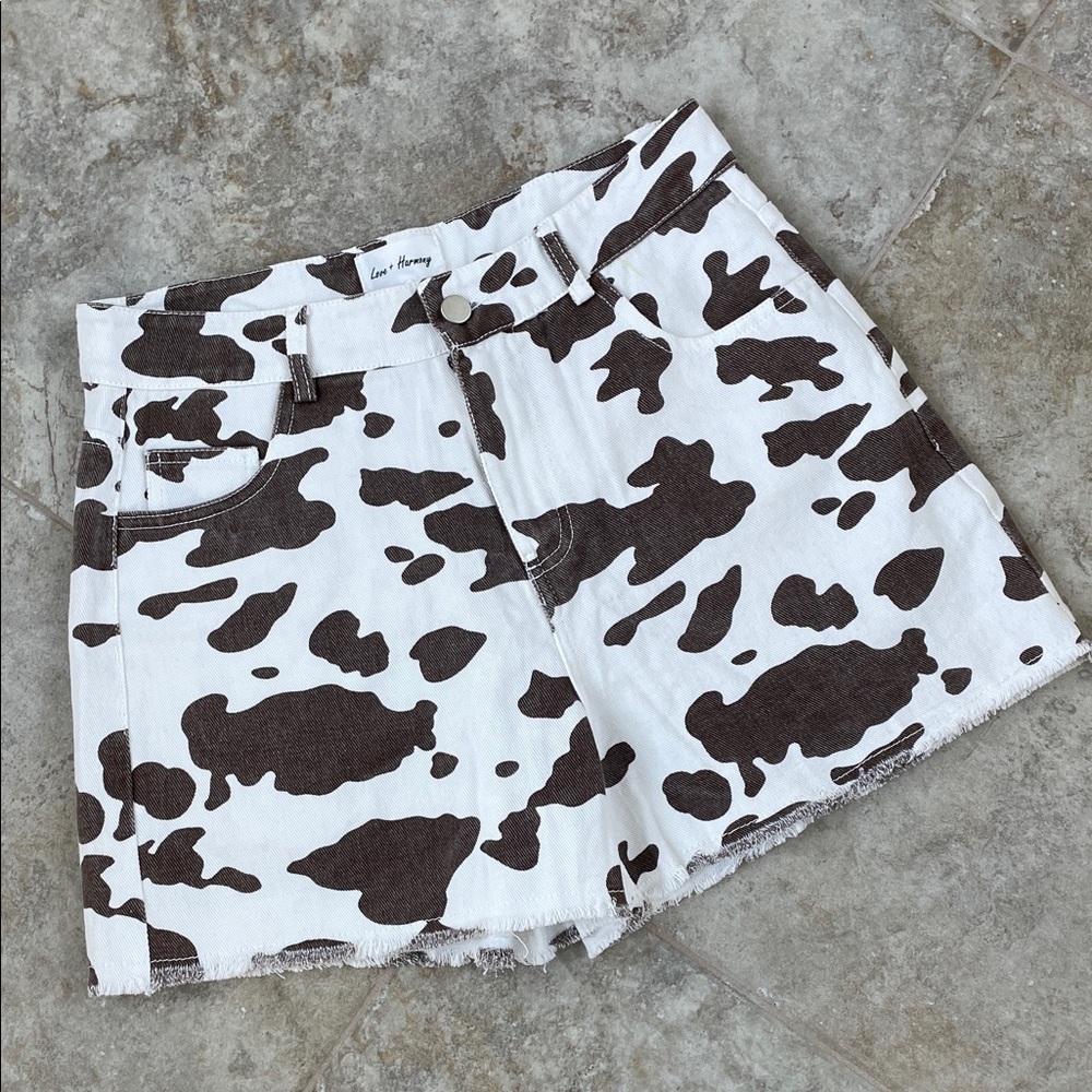 Love+ Harmony Apparel Brown and White Cow Print Jean Shorts